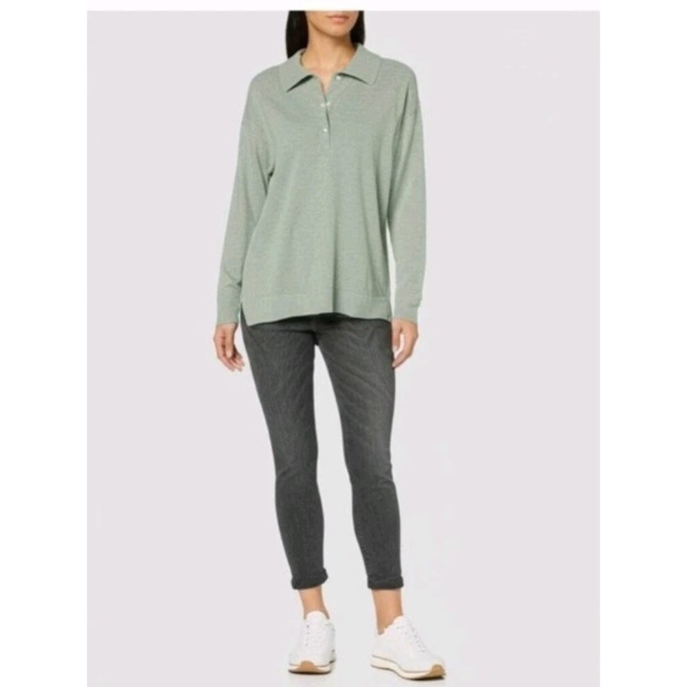 Tuckernuck Women Sage Green Marl Knit Polo Sweater Long Sleeve Size Medium